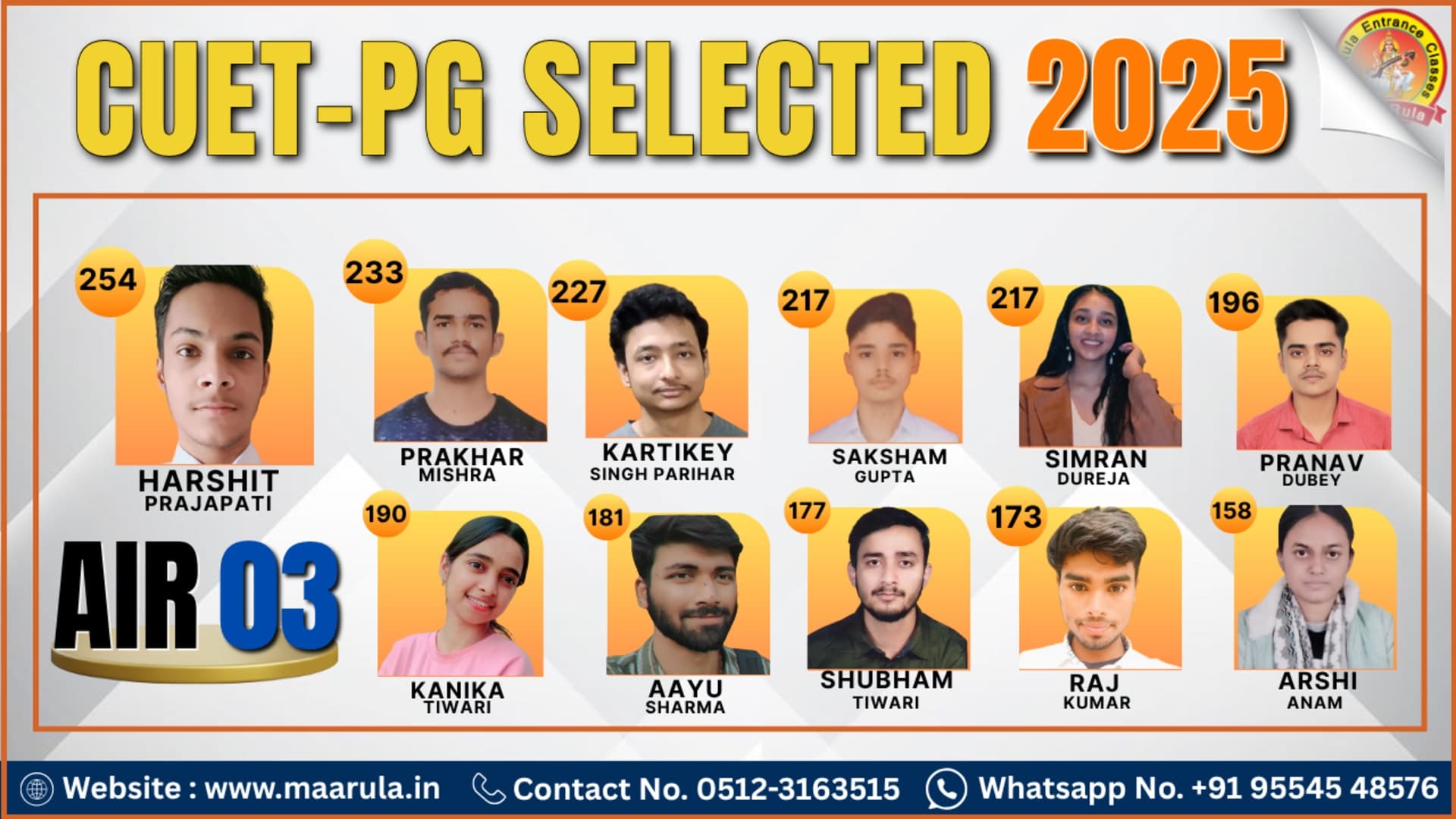 CUET-PG 2025 selected students from Maarula Classes